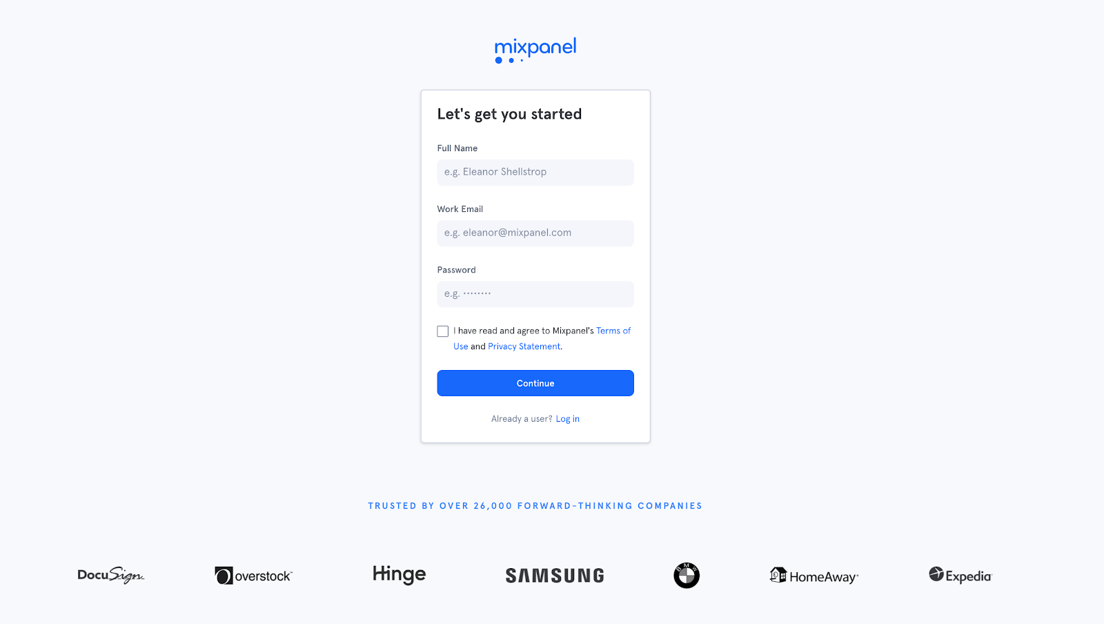 exemple de la landing page Mixpanel au design épuré