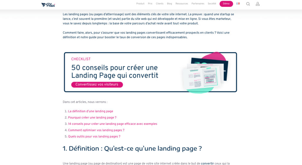 Génération de leads B2B : CTA pour télécharger la checklist landing page sur l'article comment créer une landing page efficace 