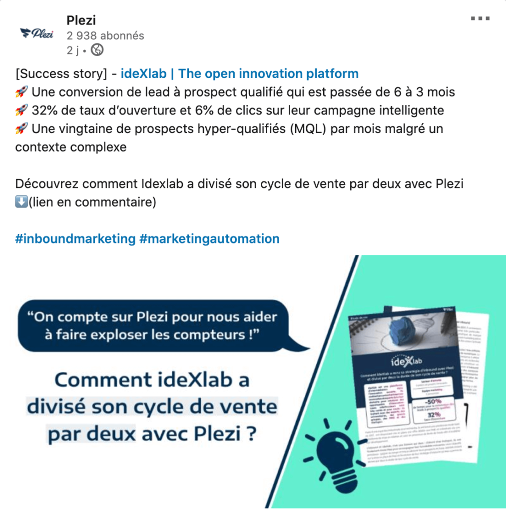 Génération de leads B2B : Post LinkedIn sur l'étude de cas Idexlab, et comment elle a divisé son cycle de vente par 2