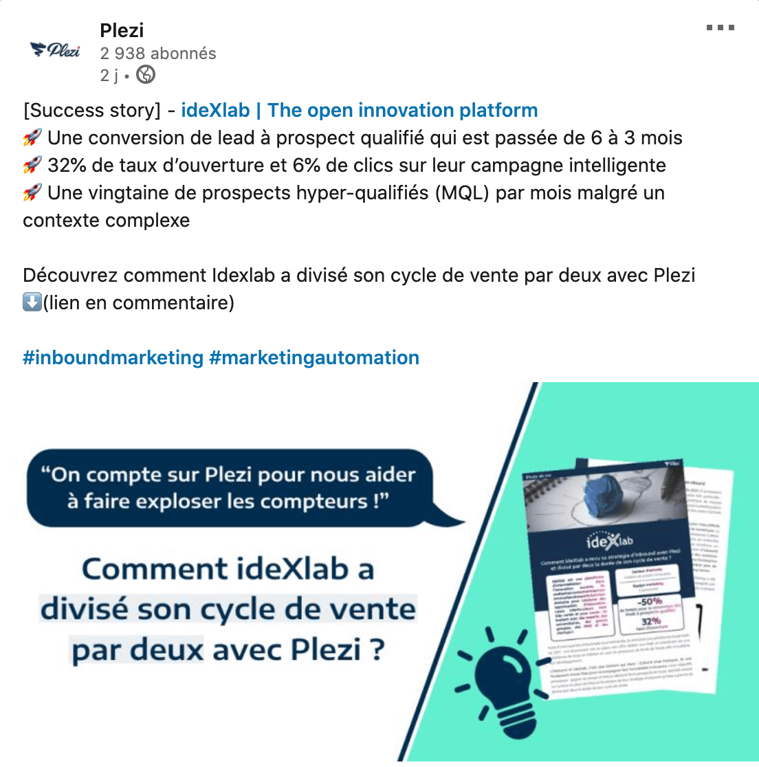 Post LinkedIn sur l'étude de cas Idexlab, et comment elle a divisé son cycle de vente par 2