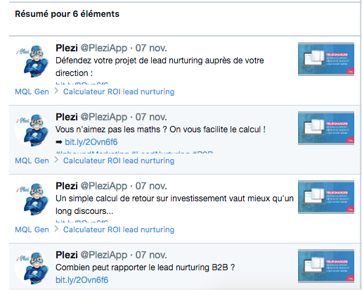 Exemples de messages différents pour publications sponsorisées en retargeting B2B chez Plezi (plateforme Twitter Ads)
