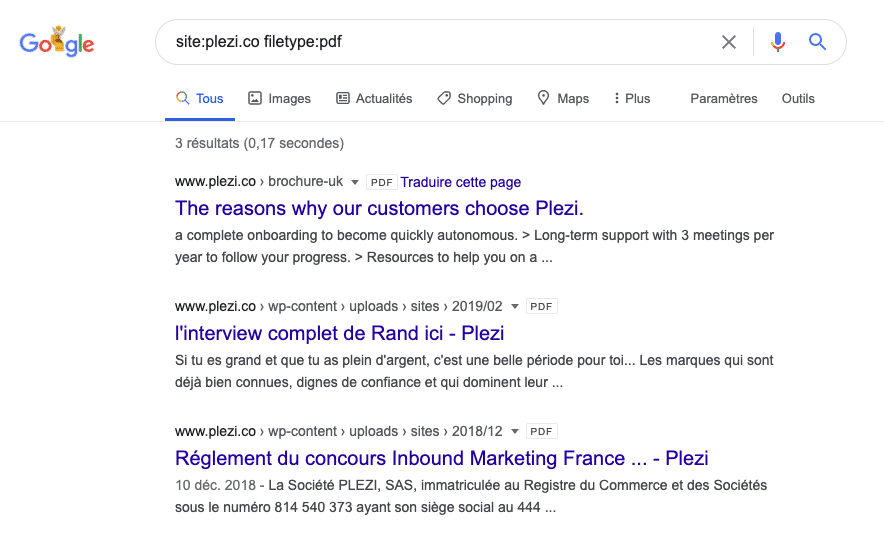 Requête dans Google pour vérifier qu'il n'y a pas de lead magnet de référencé dans les moteurs de recherche et qu'ils sont bien sécurisés