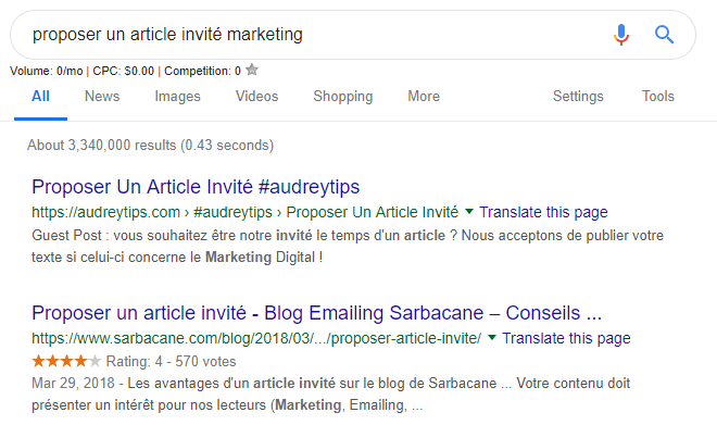 Screenshot tutorial de requête Google pour trouver des articles de blog