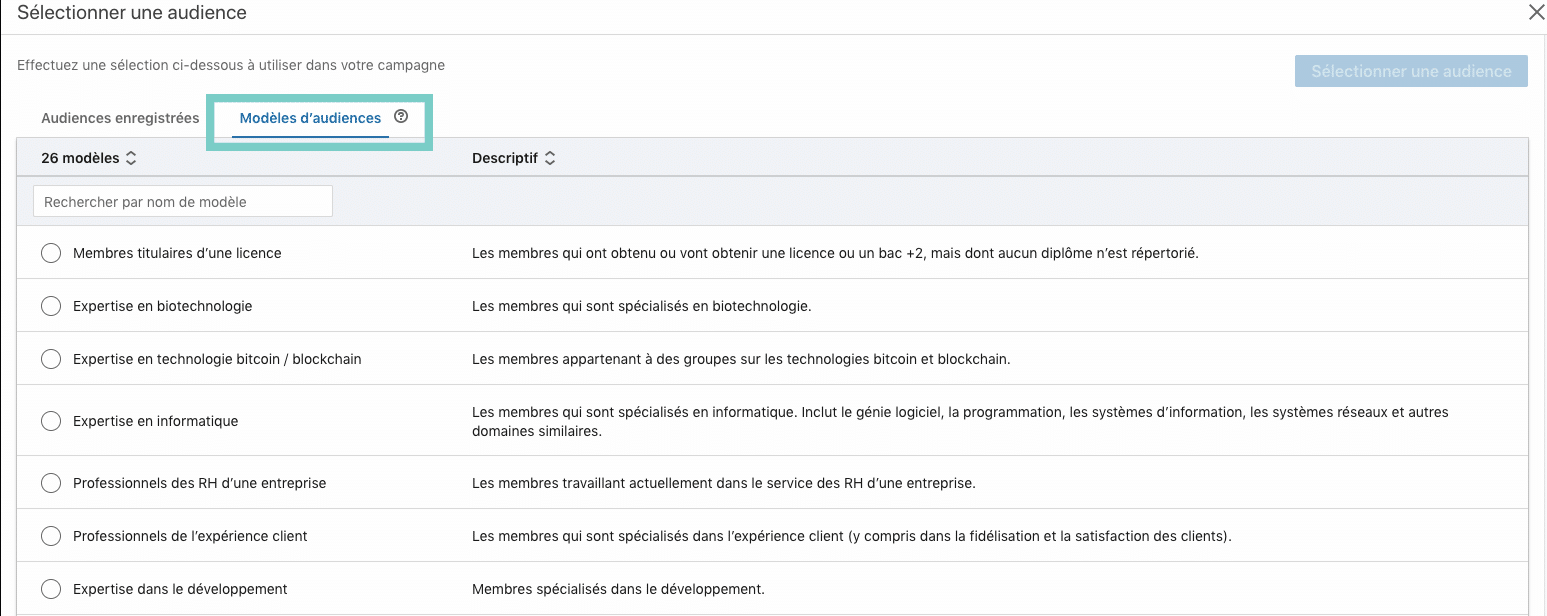 étape 2 pour trouver les modèles d'audience dans le business manager LinkedIn