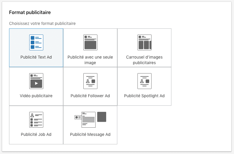 Copie d'écran des choix de formats publicitaires sur LinkedIn