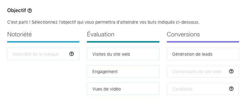 Choix de types de campagnes sur LinkedIn lorsque l'on créé une campagne marketing