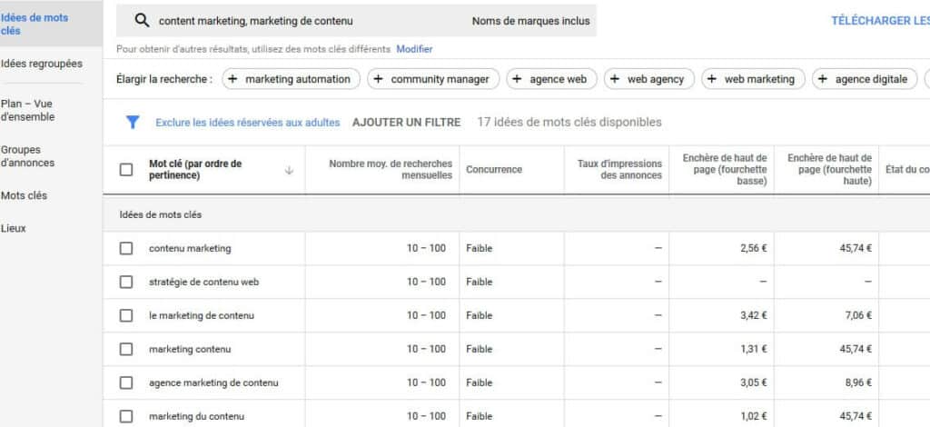 résultat d'une recherche de mot clé sur l'outil google keyword planner