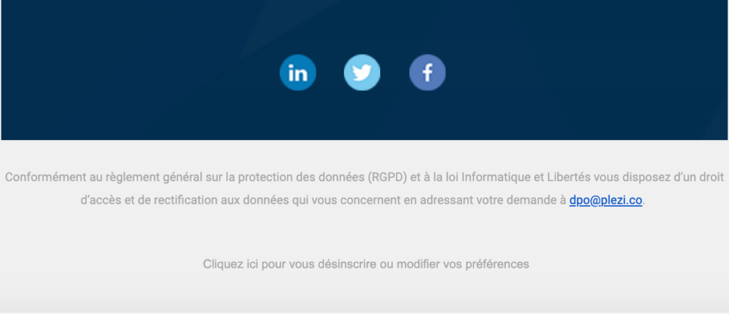 image d'un email emarketing de plezi contenant un lien de désinscription