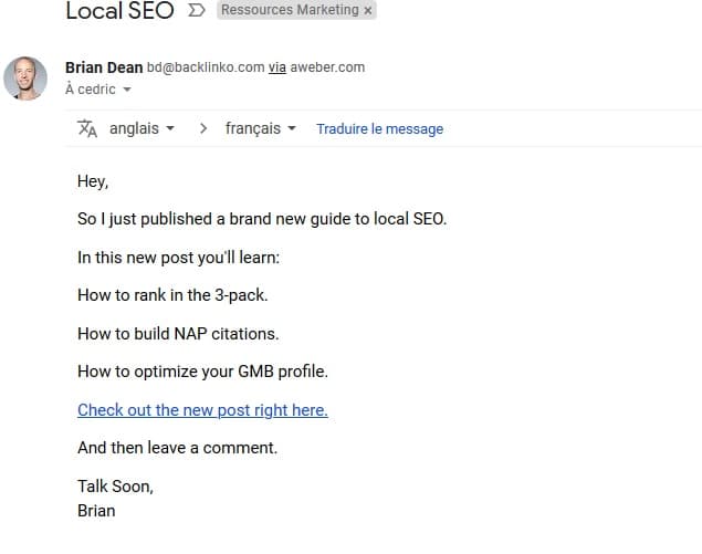 exemple d'un email bBb avec un call to action efficace envoyé par backlinko