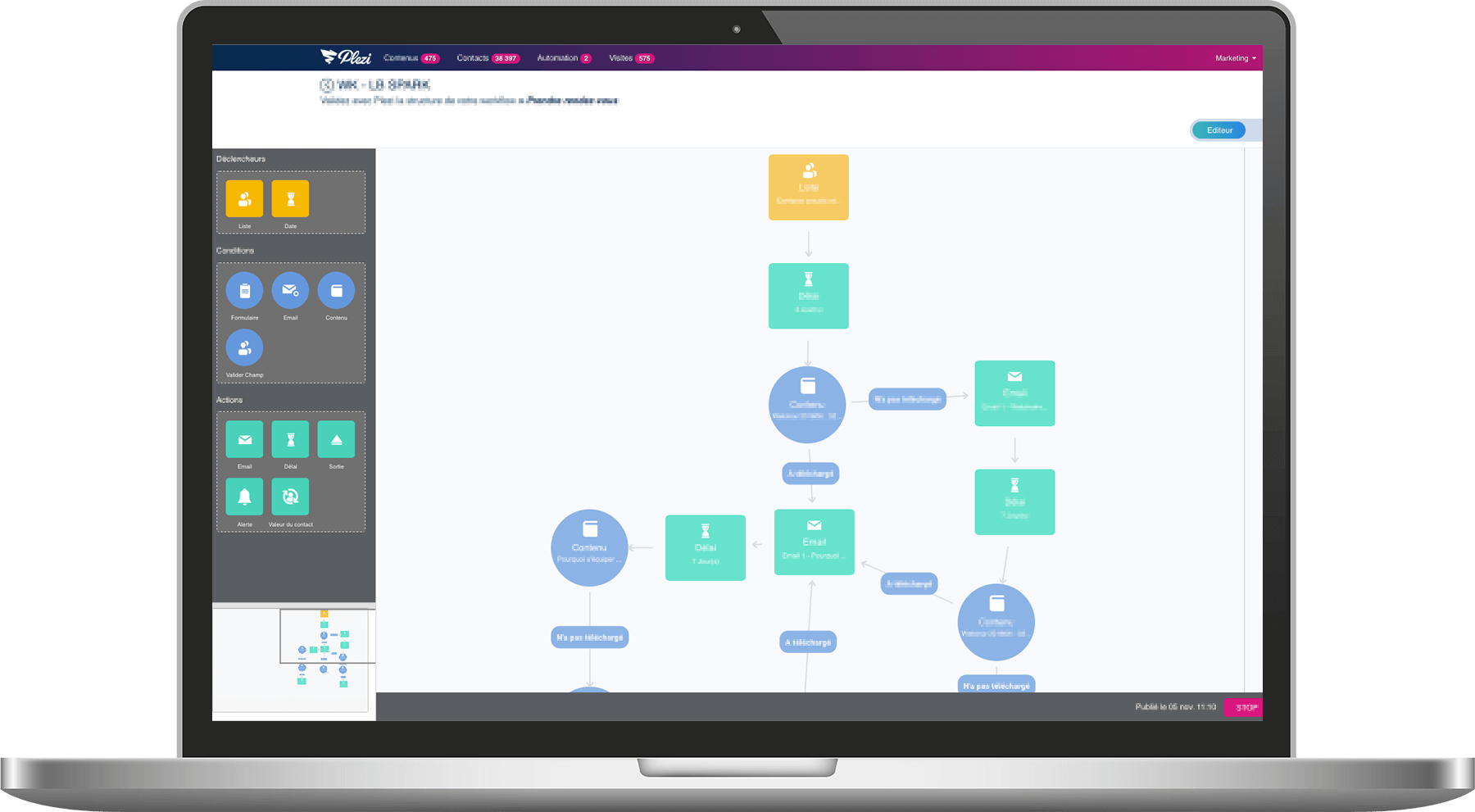 écran d'un workflow de marketing automation