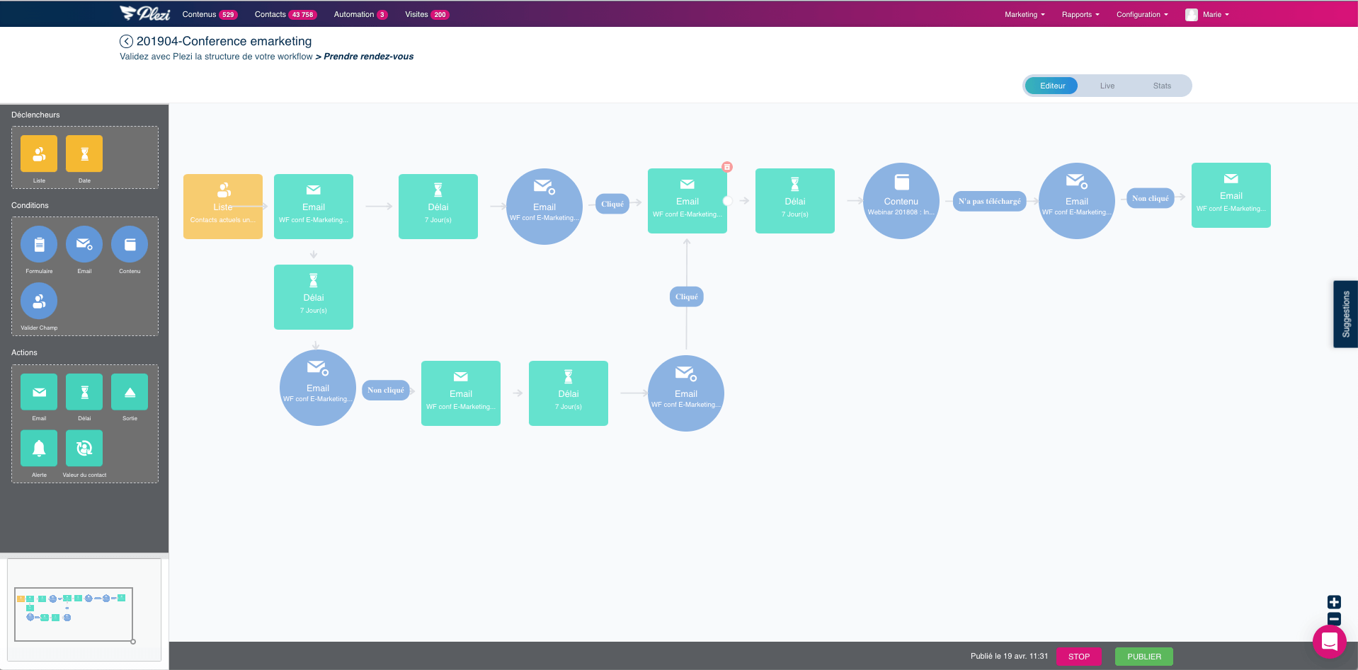 exemple d'un workflow de marketing automation créé dans Plezi