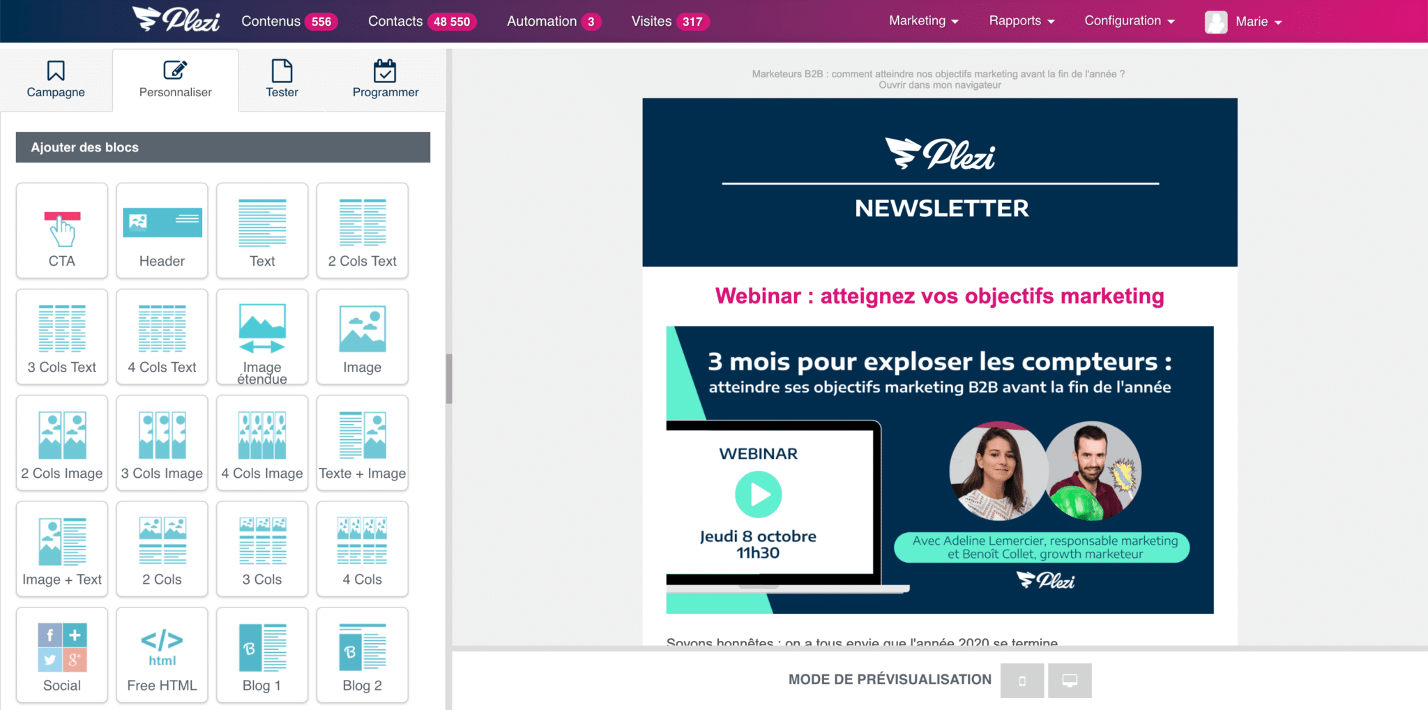 vue de l'éditeur de newsletter plezi permettant de personnaliser la newsletter