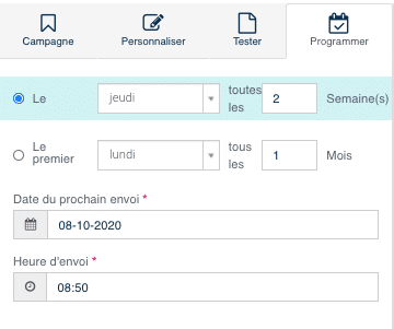 bloc de programmation de la date et de l'heure d'envoi de la newsletter automatisée Plezi