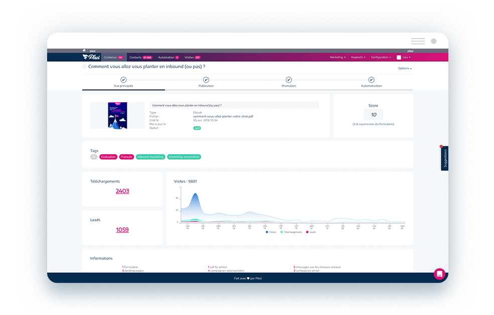 Ecran de l'interface de l'application de marketing automation Plezi