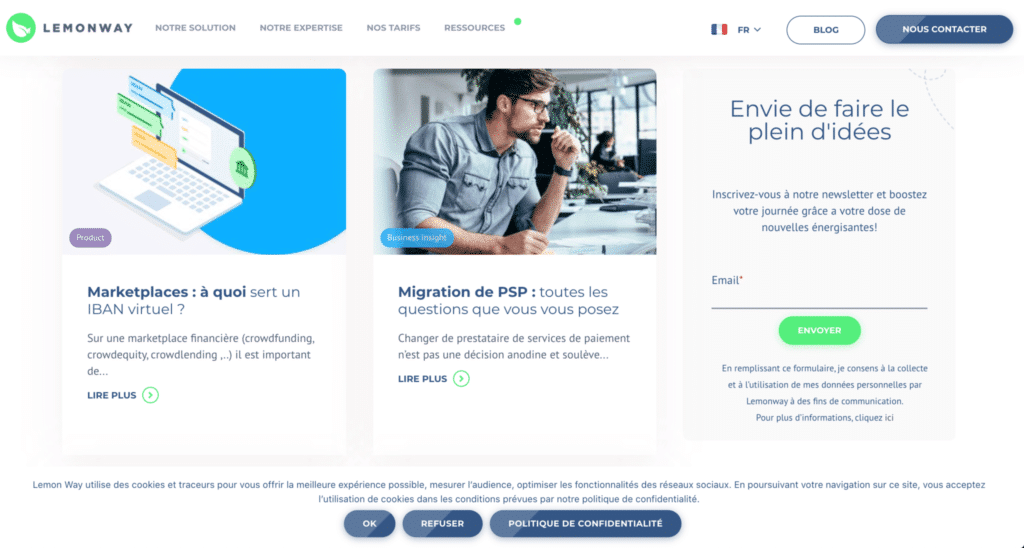 Génération de leads B2B : call-to-action sur le site de Lemonway permettant de s'inscrire à leur newsletter