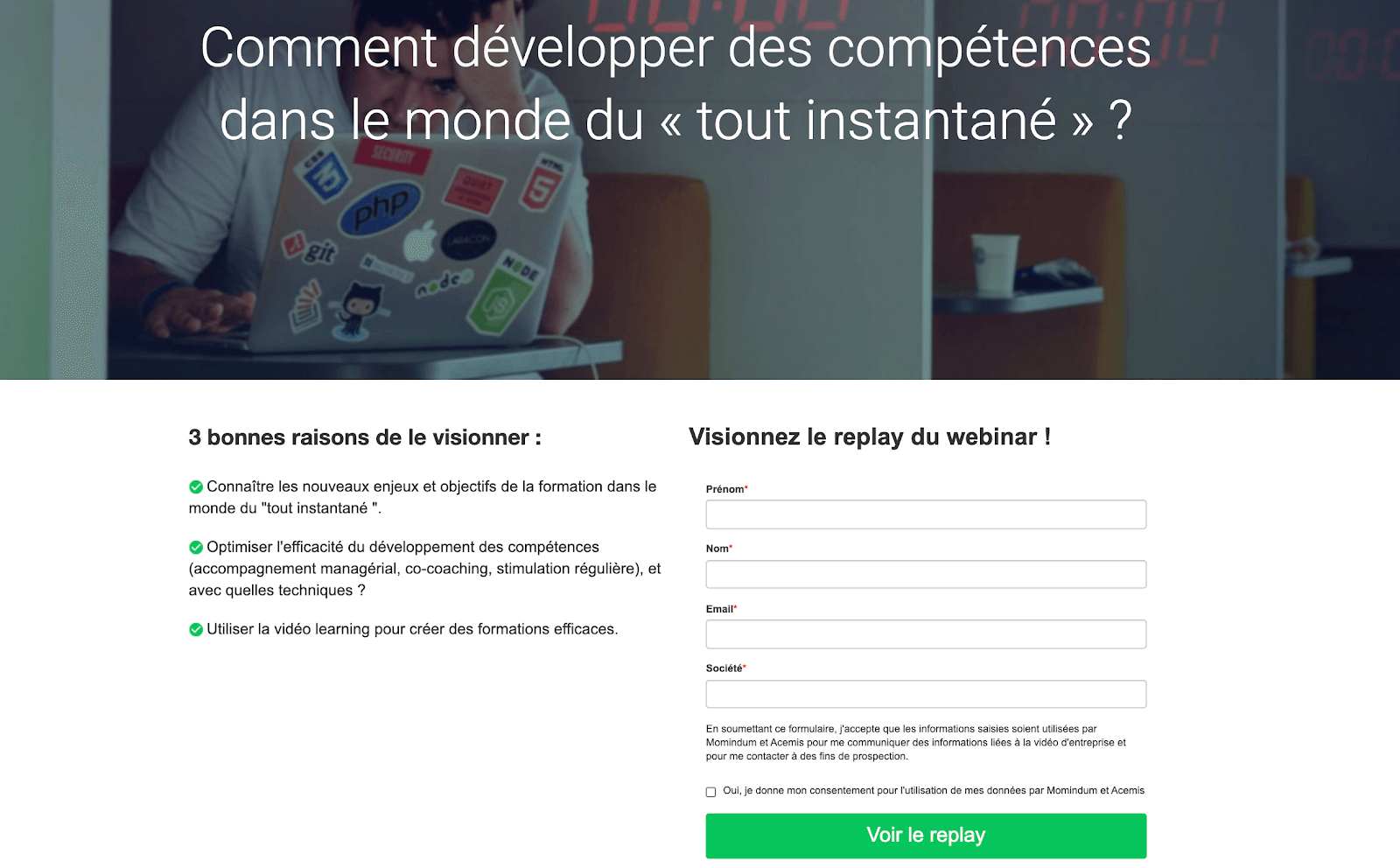 exemple d'une landing page épurée de Momindum