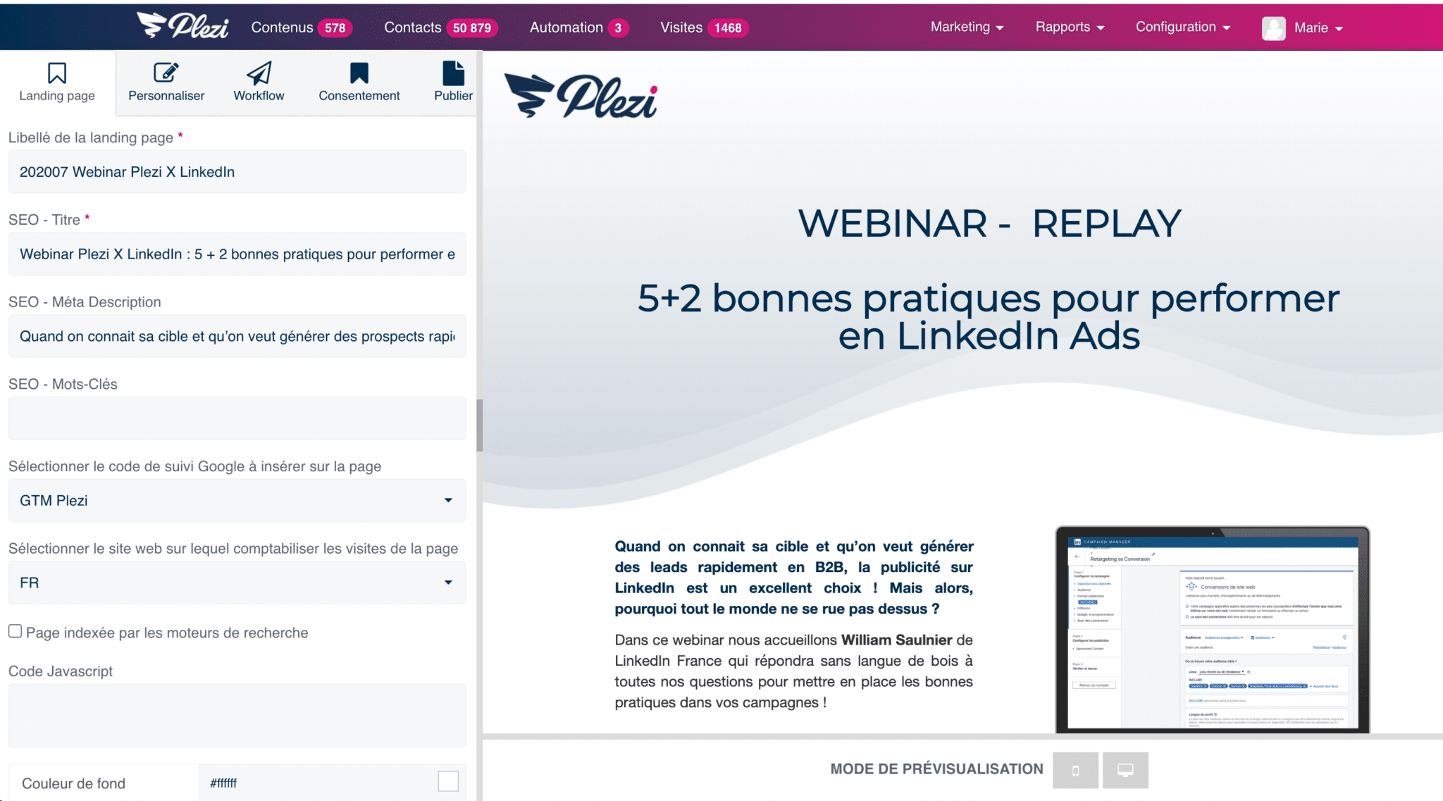 optimisation du seo d'une landing page dans l'éditeur plezi