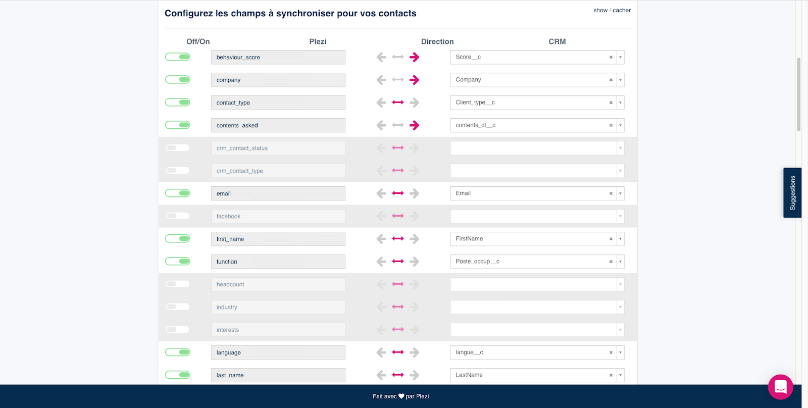 configuration des champs synchronisés entre Plezi et Salesforce