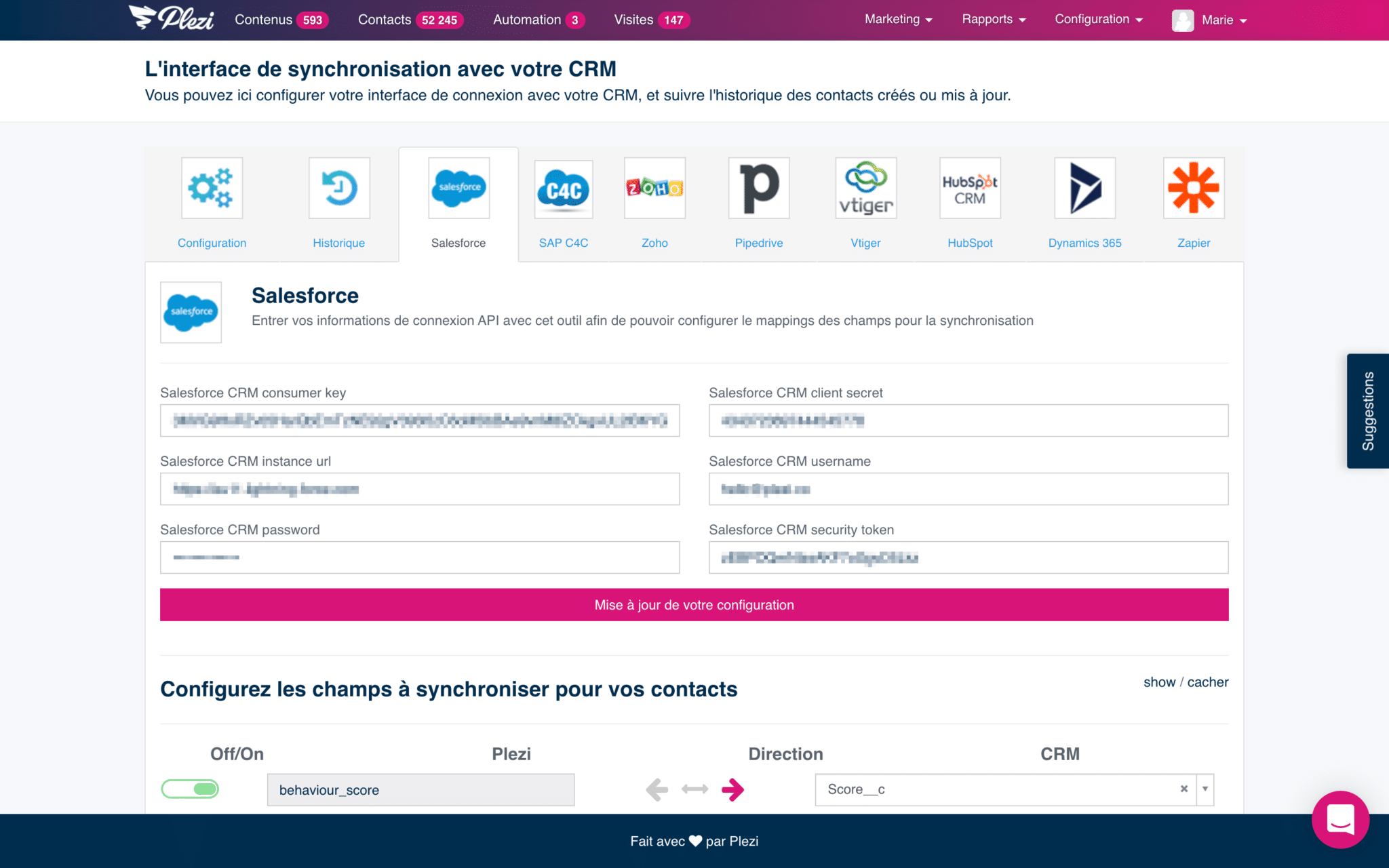 interface dans plezi permettant de synchroniser plezi et salesforce