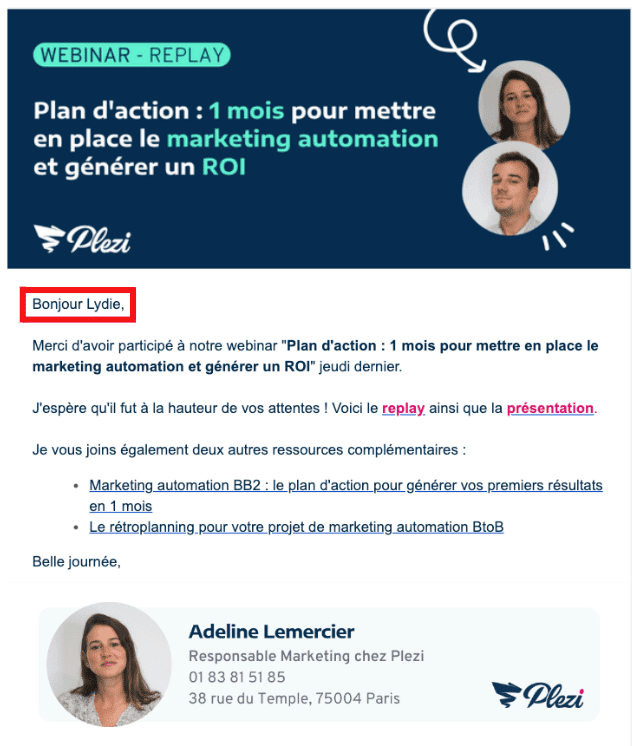 Exemple d'email utilisant le marketing personnalisé nominal