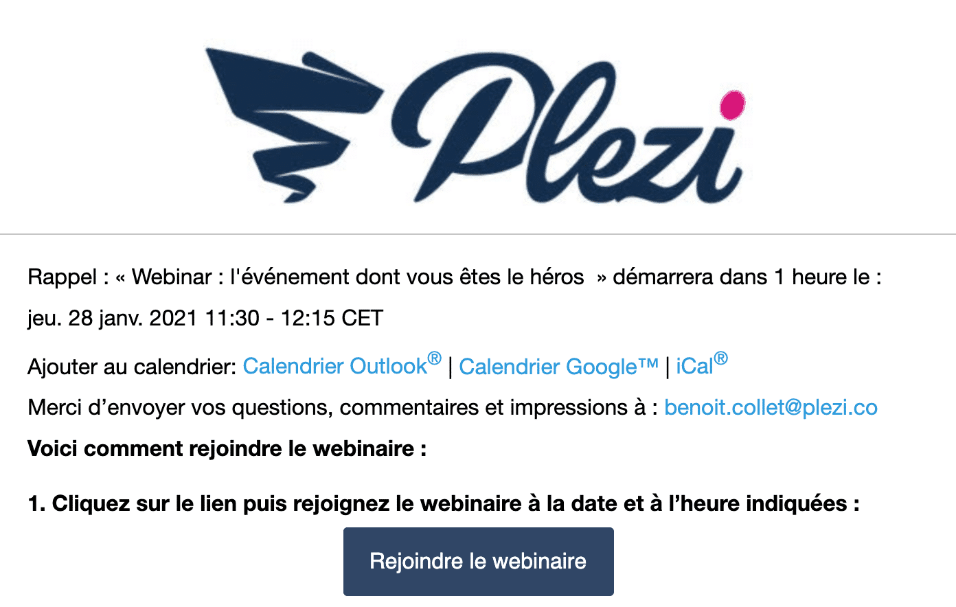 exemple d'email de confirmation d'inscription à un webinar