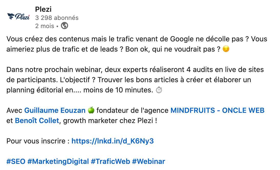 exemple d'une publication sur LinkedIn faisant la promotion d'un webinar 