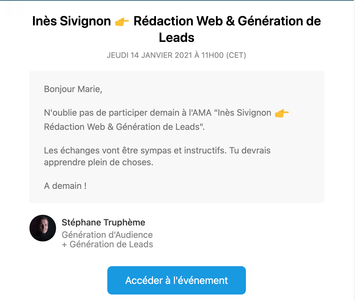 Exemple d'un email de relance pour un webinar employant un ton humain