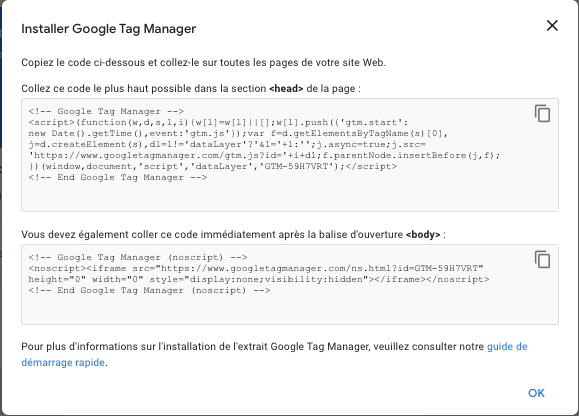 Code à insérer dans les partie head et body des pages web pour installer Google Tag Manager 