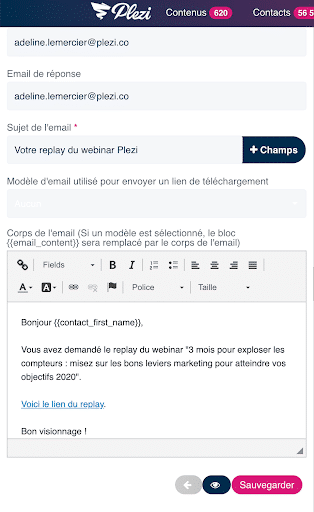 message envoyé suite à la soumission d'un formulaire pour recevoir le replay d'un webinar Plezi 