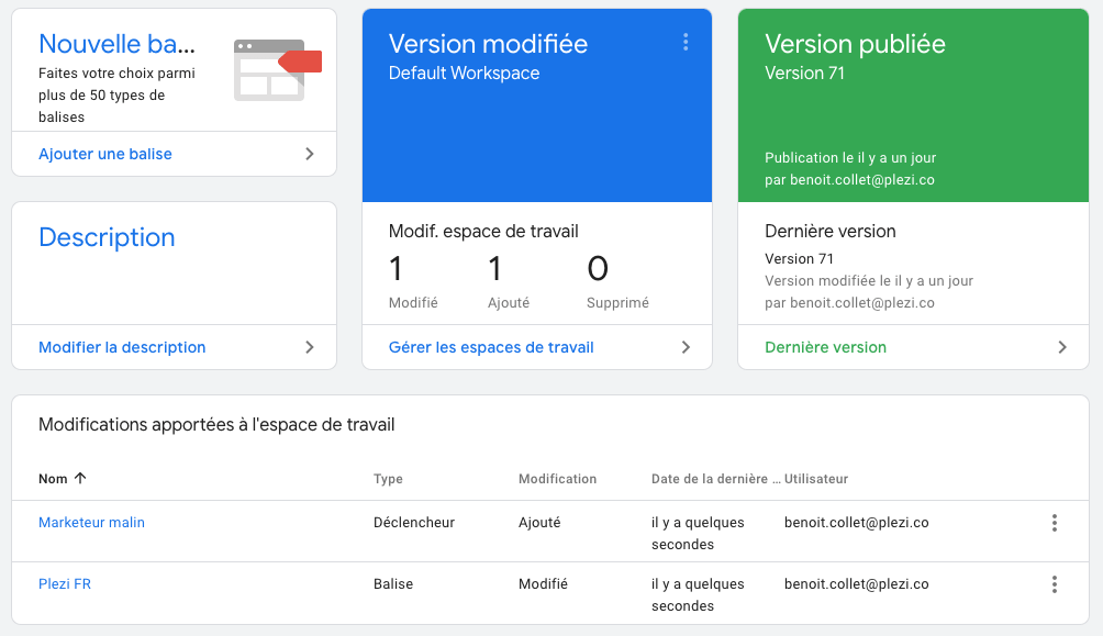 modifications des versions dans Google Tag Manager