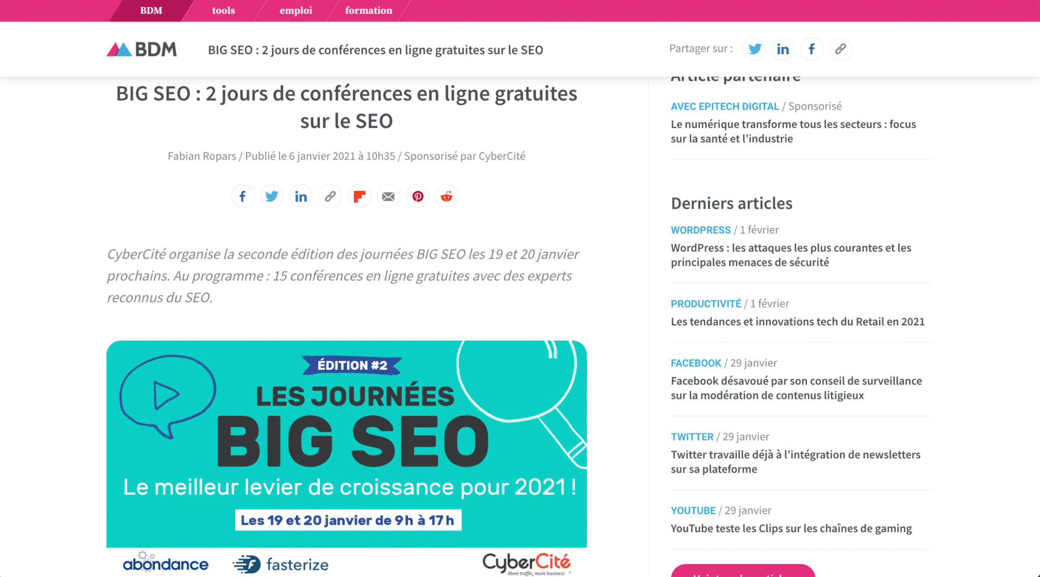 promotion de l'événement les journées big SEO sur le blog du modérateur