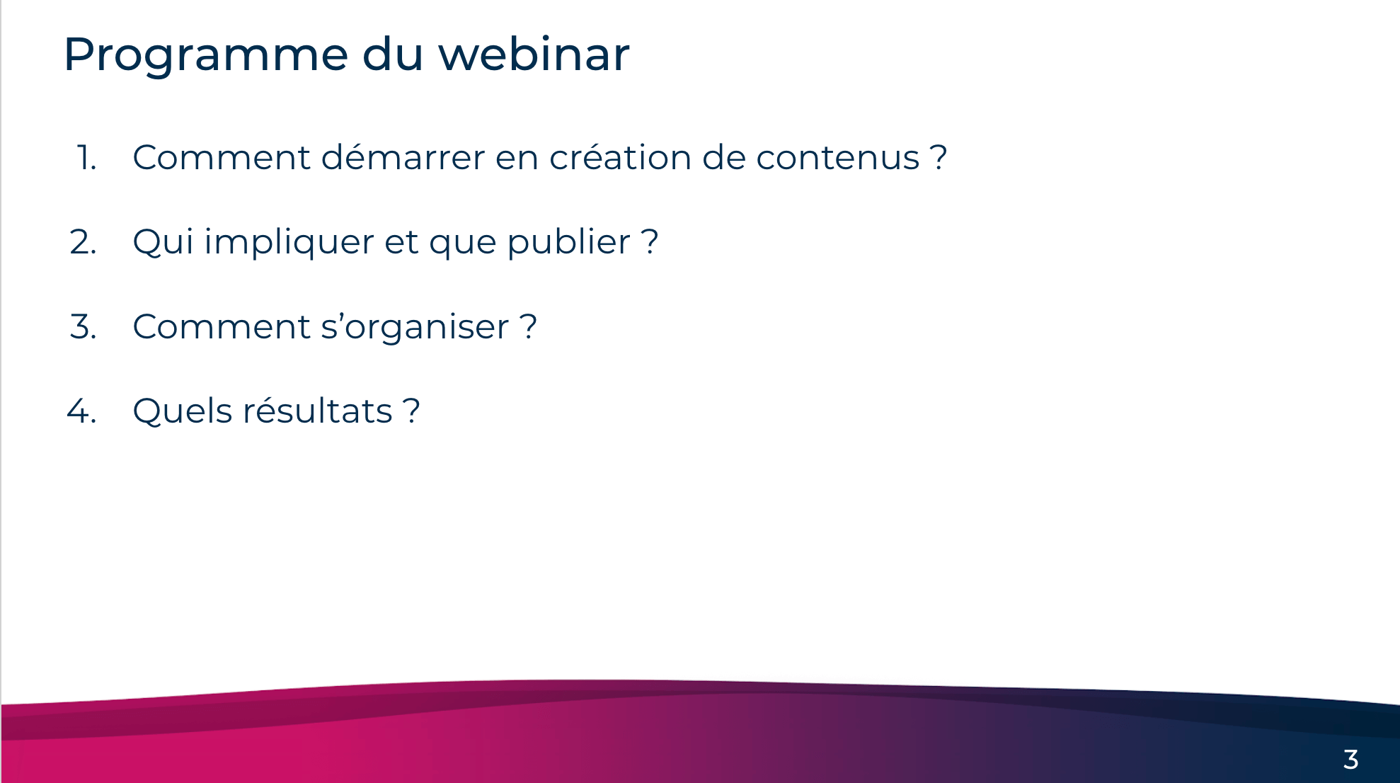 Slide de présentation du sommaire d'un webinar 