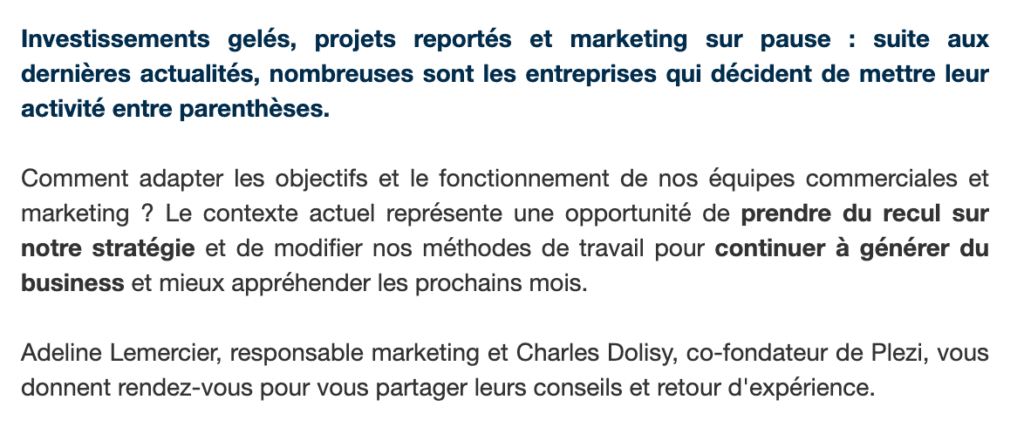 Extrait du texte d'une landing page d'inscription à un webinar b2b