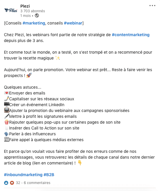 promotion d'un article de blog B2B dans un post LinkedIn 