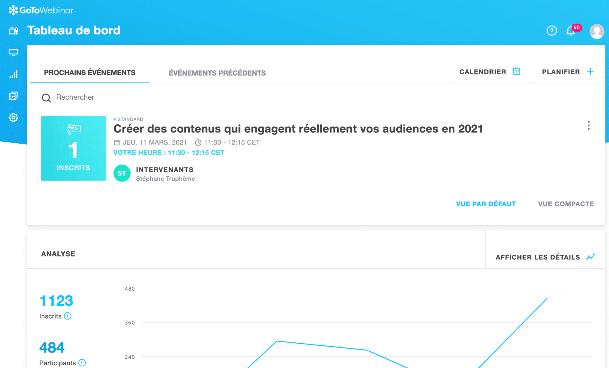 vue du tableau de bord dans GoToWebinar