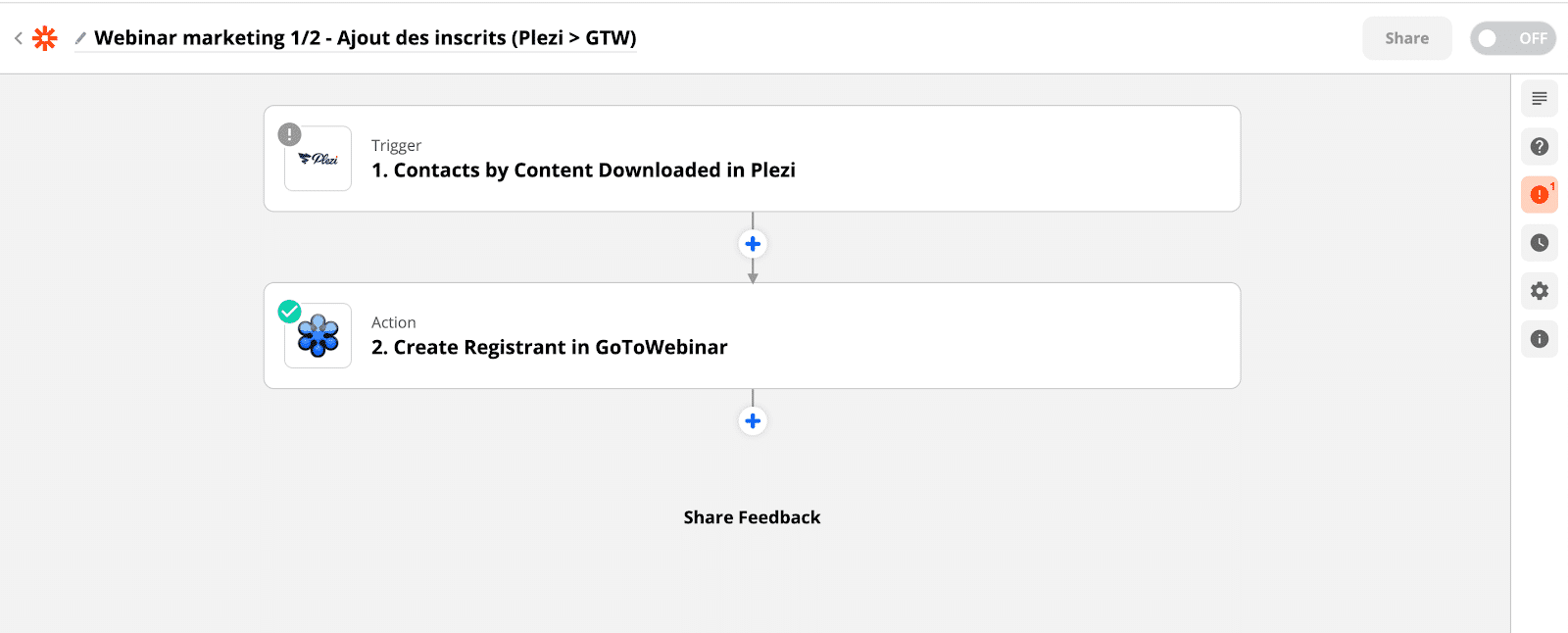 vue d'une zap dans Zapier 