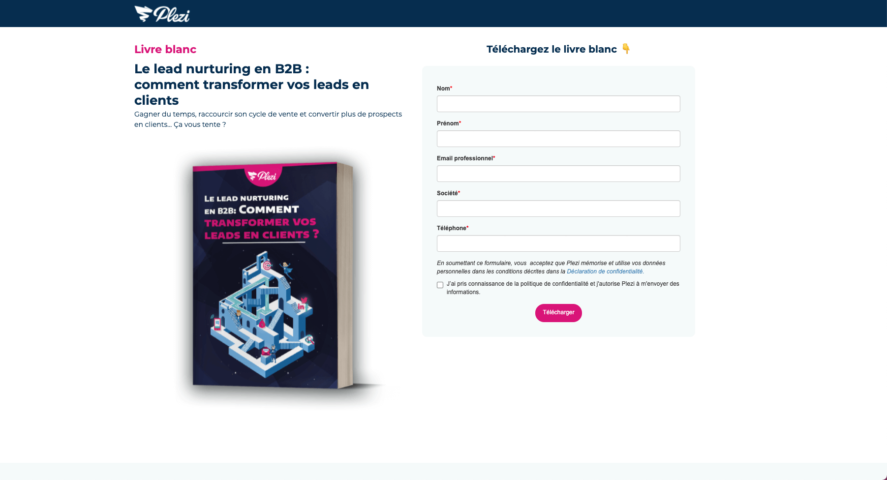 Exemple d'un formulaire B2B pour télécharger un livre blanc de Plezi 