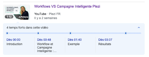 Capture d'écran de l'inclusion de time stamps / temps forts sur la vidéo Youtube Campagne Intelligente de Plezi