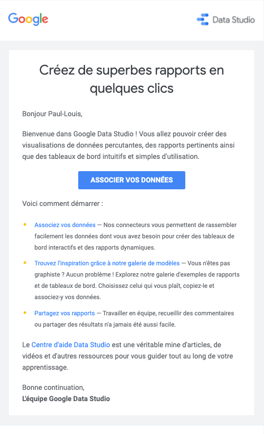 Email de bienvenue envoyé par Google suite à la création d'un compte Google Data Studio 