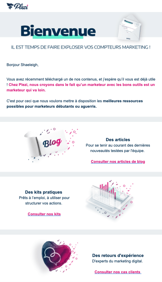 Présentation des ressources Plezi dans l'email de bienvenue envoyé aux nouveaux contacts