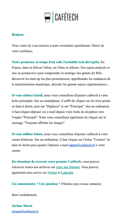 email de bienvenue de la newsletter cafetech