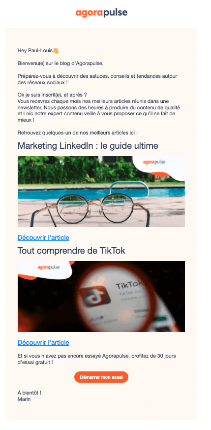 email de bienvenue de la newsletter agorapulse