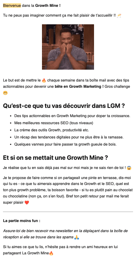 email de bienvenue de la newsletter la growth mine