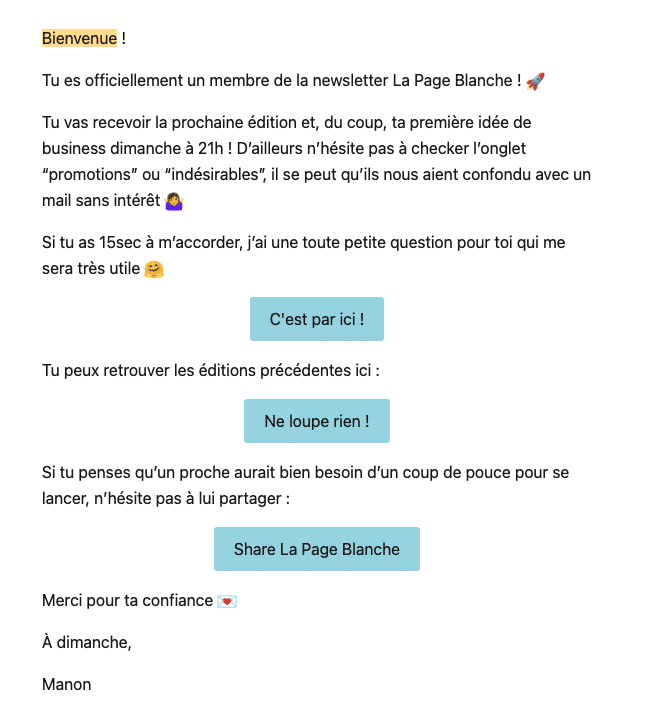 email de bienvenue de la newsletter de la page blanche