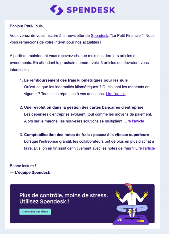 email de bienvenue à la newsletter de spendesk