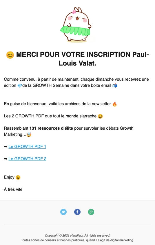 Email de bienvenue envoyé par suite à l'inscription à une newsletter