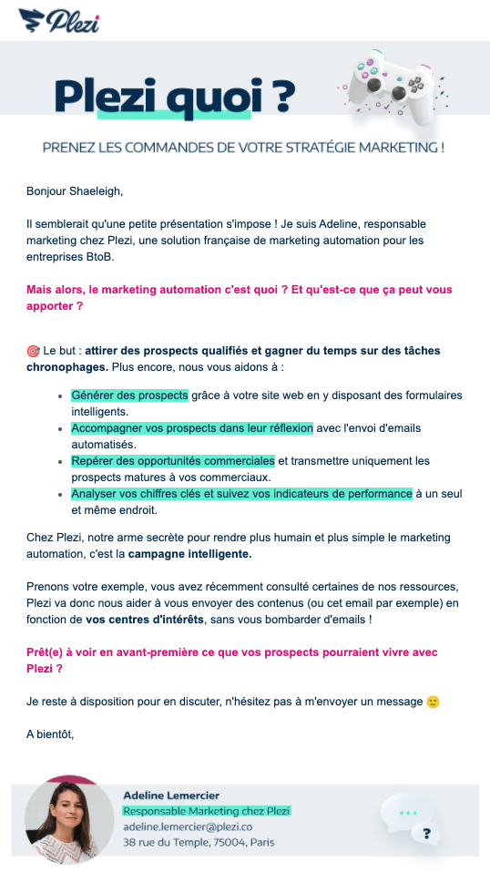 exemple d'un email de bienvenue envoyé par Plezi avec une introduction personnalisée 