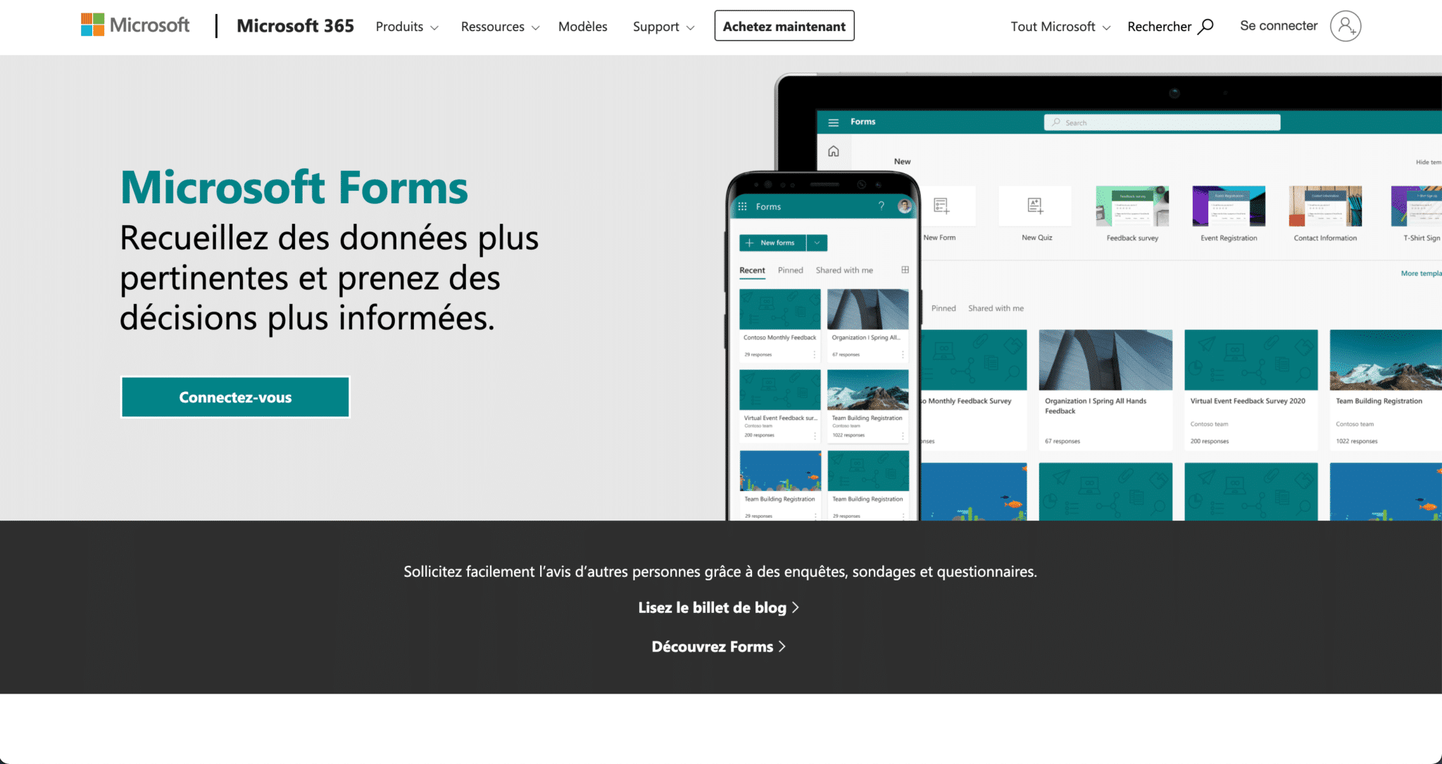 Page d'accueil du site web de Microsoft Forms 