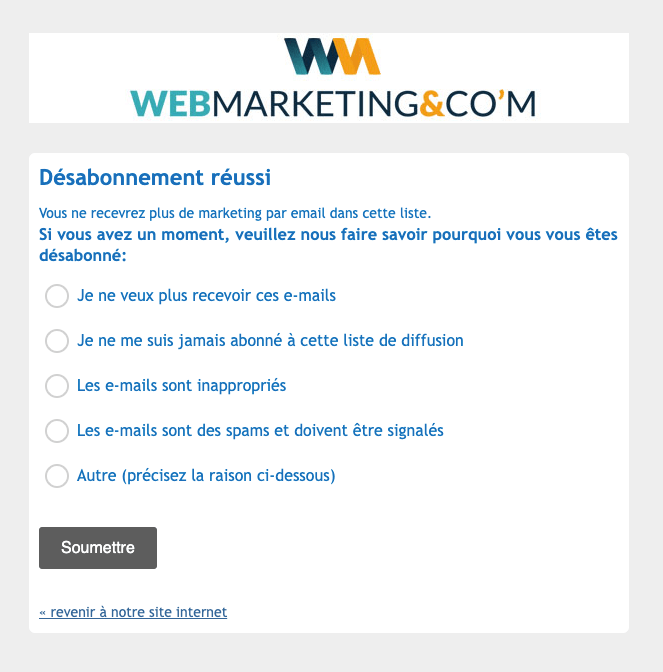 Exemple d'une page de désinscription de newsletter contenant un sondage 