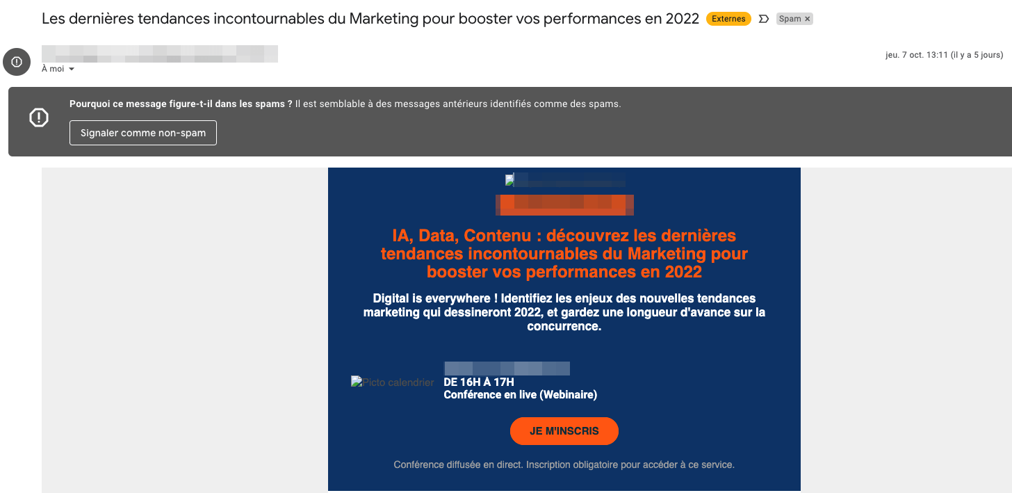 Exemple d'un email catégorisé comme spam à cause des mots contenus dans son objet